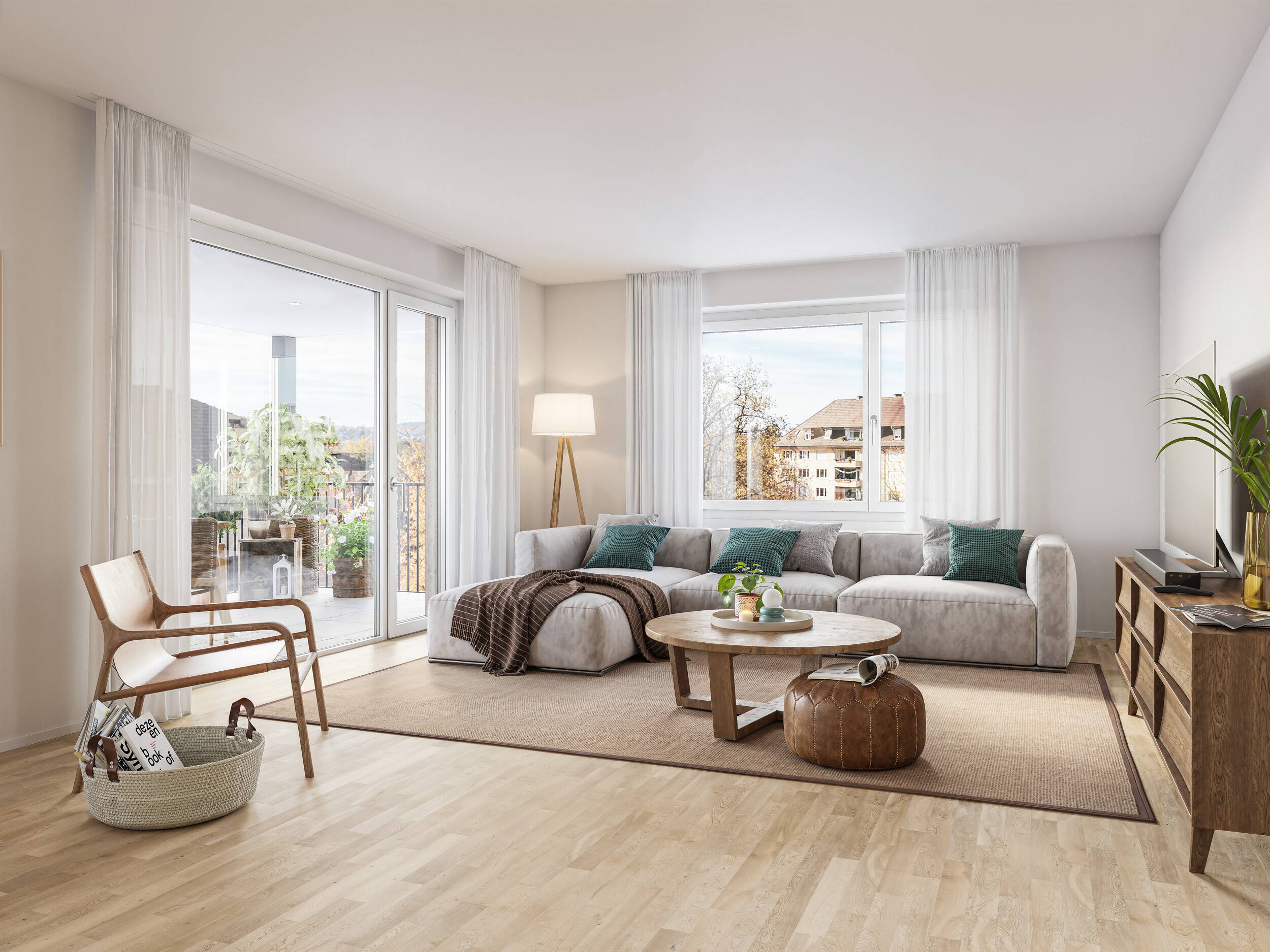 Wohnzimmer Aurea Heller Wohnbereich der Ausbauvariante Aurea mit grosszügigen Fensterflächen und Zugang zum Aussenraum.