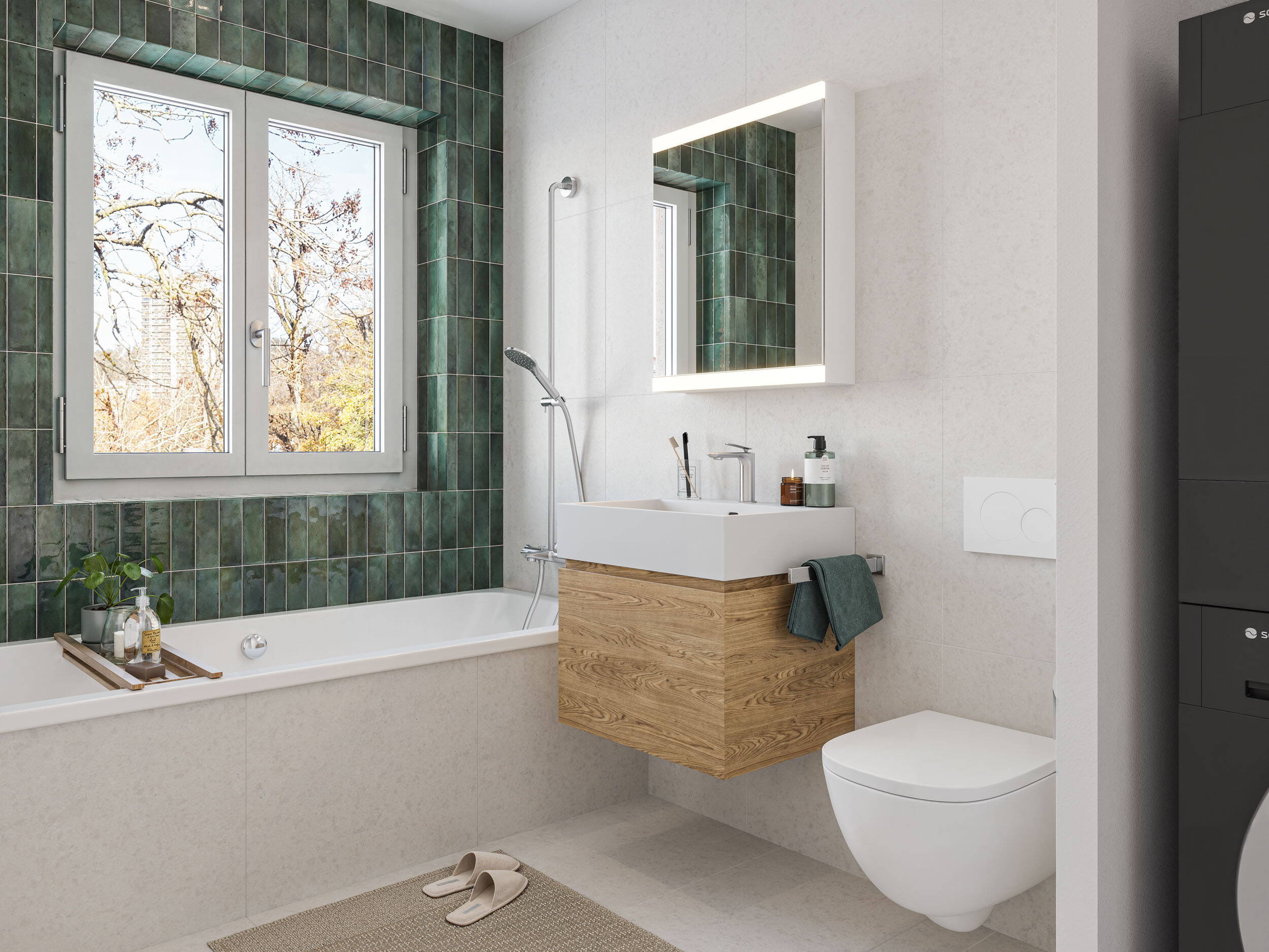 Badezimmer Verde Badezimmer der Ausbauvariante Verde mit natürlicher Farbgebung und ausgewogener Materialkombination.