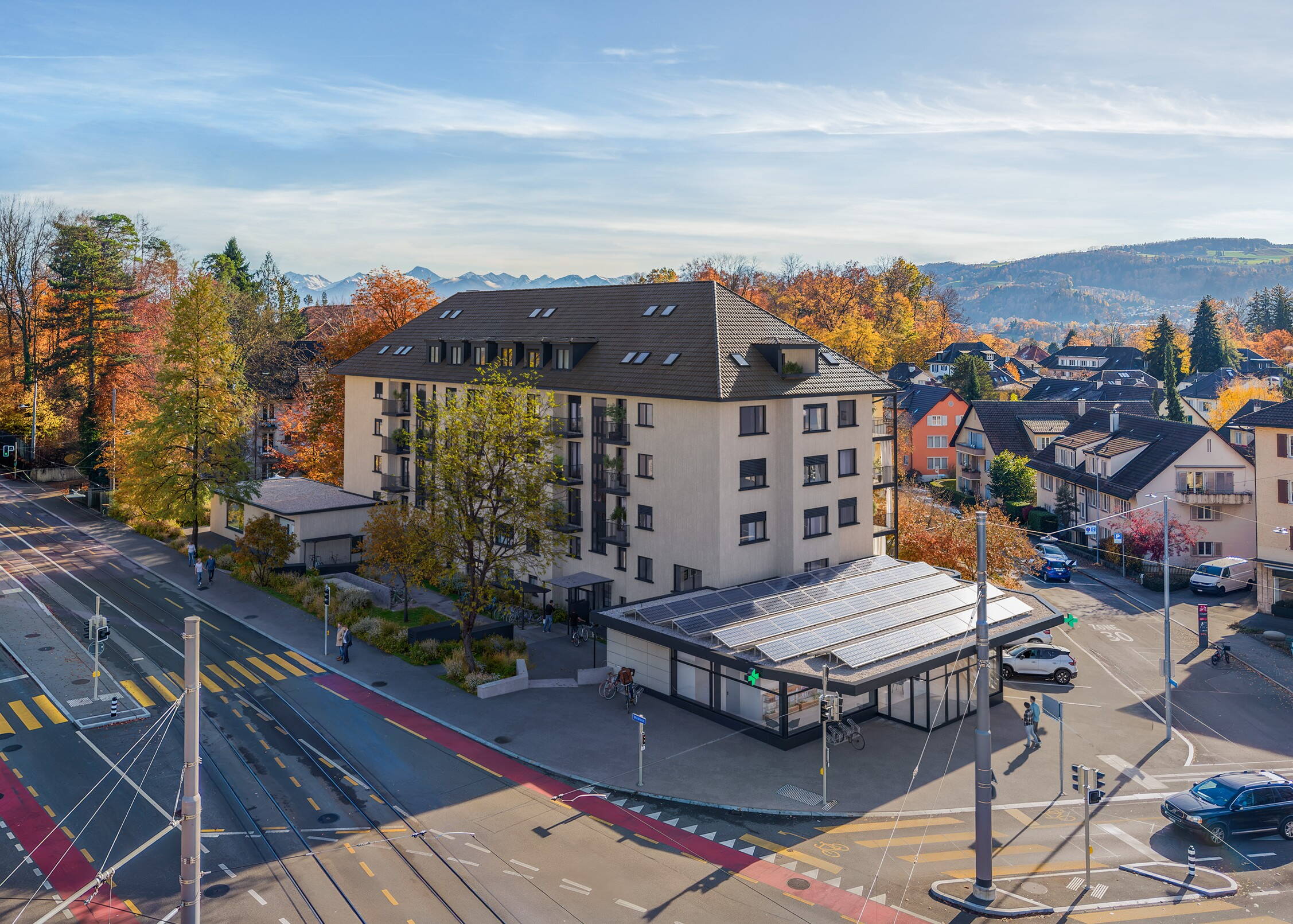Aussenvisualisierung Strassenseite Aussenansicht des Wohngebäudes Egghölzli Living mit Tramhaltestelle in unmittelbarer Nähe.