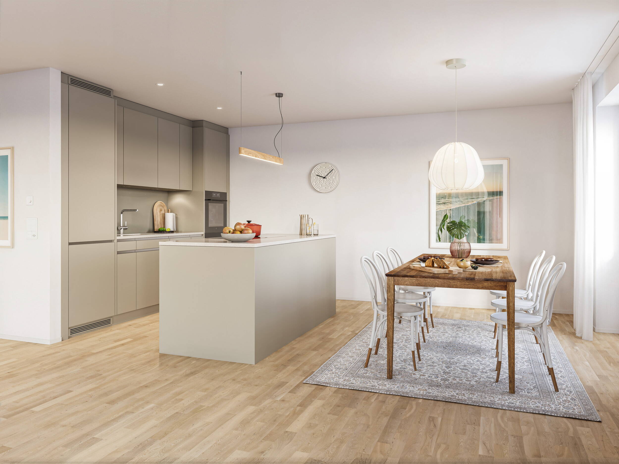 Küche Aurea Offene Küche der Ausbauvariante Aurea mit klarer Linienführung und harmonischer Materialisierung.