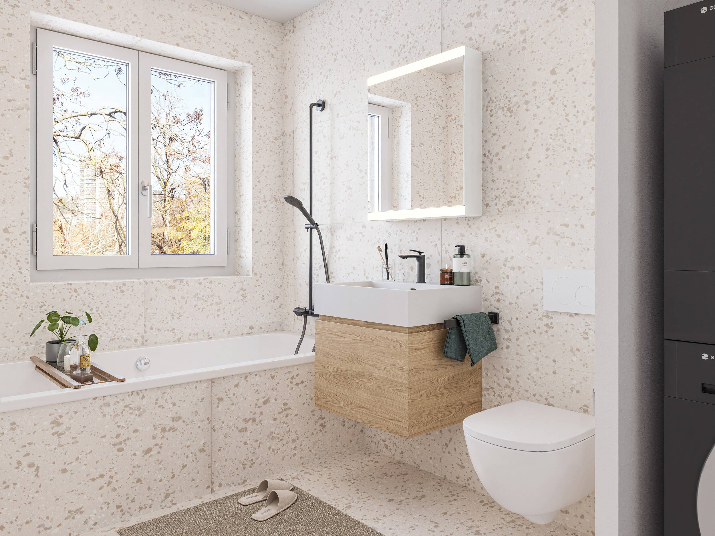 Badezimmer Aurea Badezimmer der Ausbauvariante Verde mit natürlicher Farbgebung und ausgewogener Materialkombination.