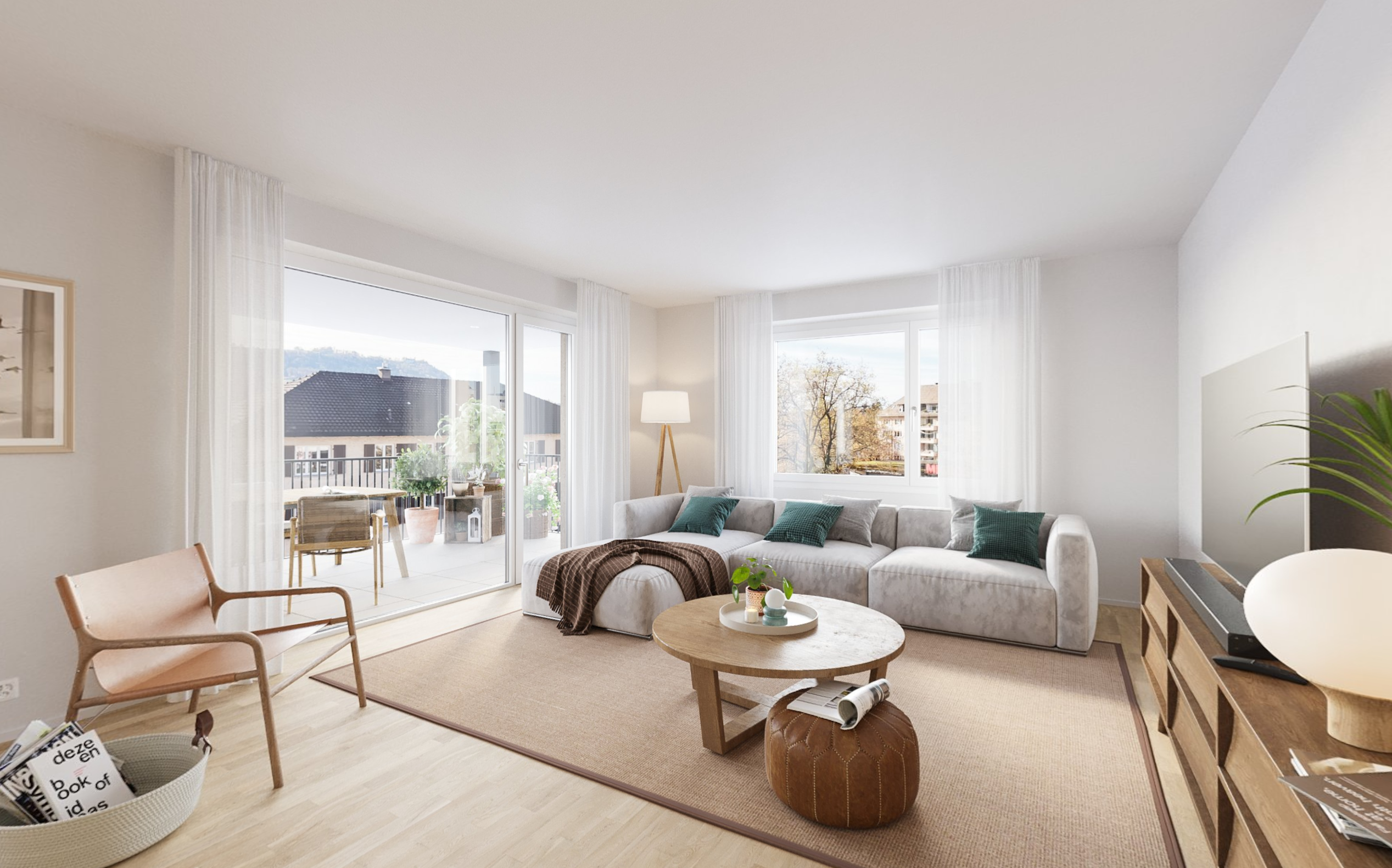 Wohnzimmer Aurea Helles Wohnzimmer der Ausbauvariante Aurea mit grosszügigem Raumgefühl und Zugang zum Aussenbereich.